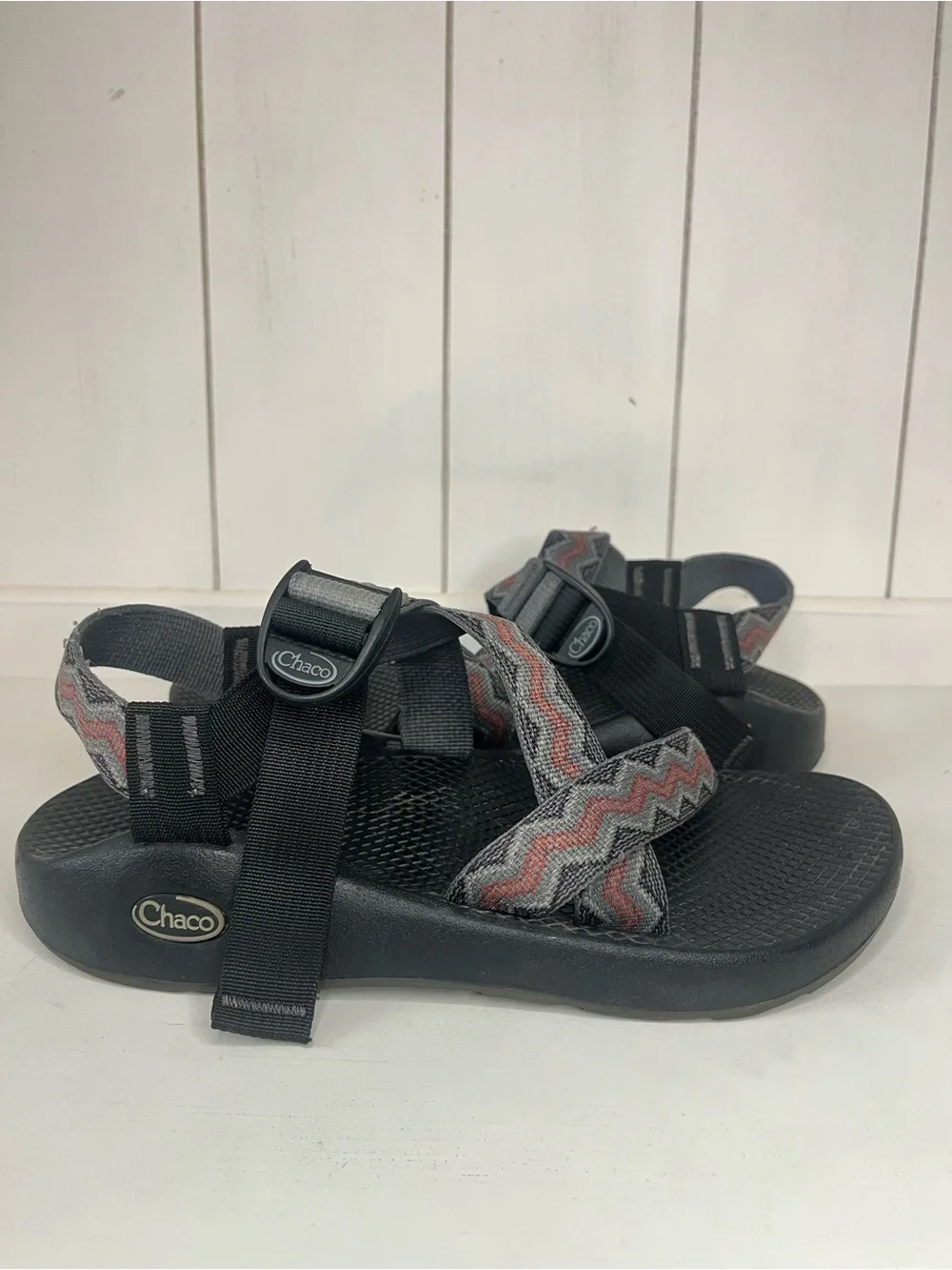 Chaco Men’s Black Sandals with Red-Gray Zigzag Straps